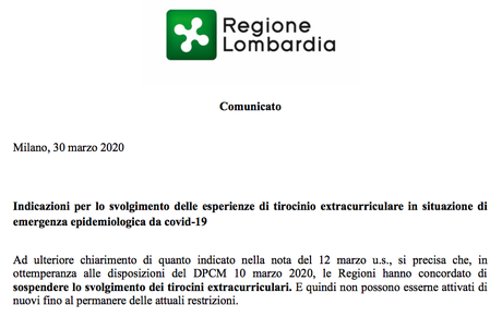 stage lavoro comunicato regione lombardia